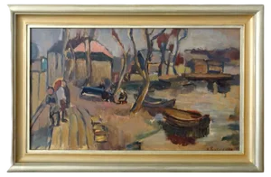Biruta Baumane, Boats by the River, Oil on Cardboard, 1950s