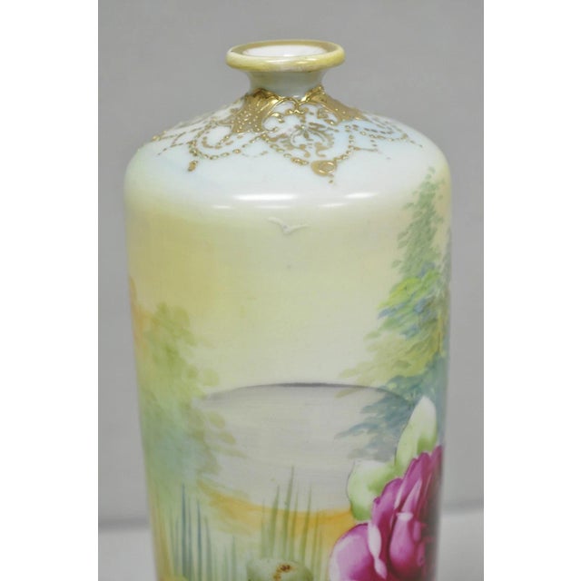 Antique Nippon Hand Painted Pink Rose & Lake Scene Small Porcelain Cylinder Vase For Sale - Image 9 of 14