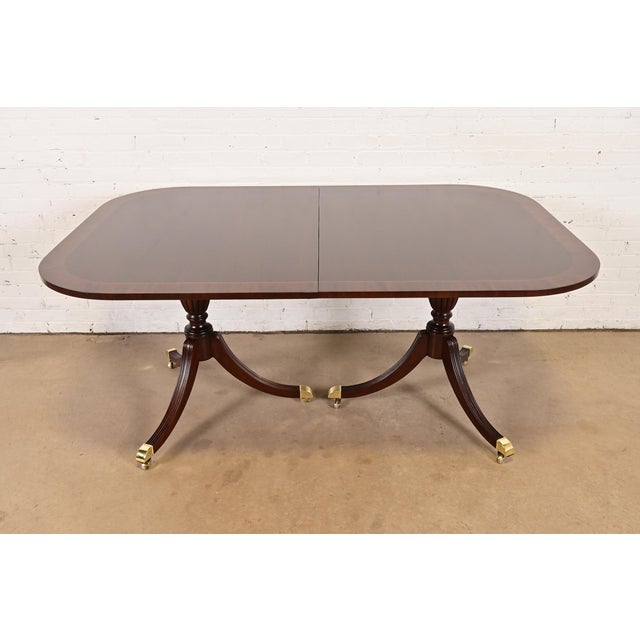 Wood Councill Furniture Georgian Banded Mahogany Double Pedestal Extension Dining Table, Newly Refinished For Sale - Image 7 of 14