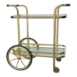 1970s Vintage Gold Metal and Glass Rolling Tea Bar Cart For Sale