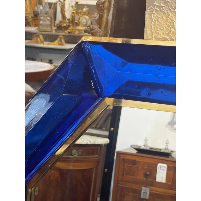 Modern Modern Heavy Cobalt Blue Murano Glass and Brass Octagonal Mirror For Sale - Image 3 of 8