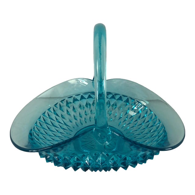 Vintage Blue Diamond Point Large Basket Indiana Glass For Sale