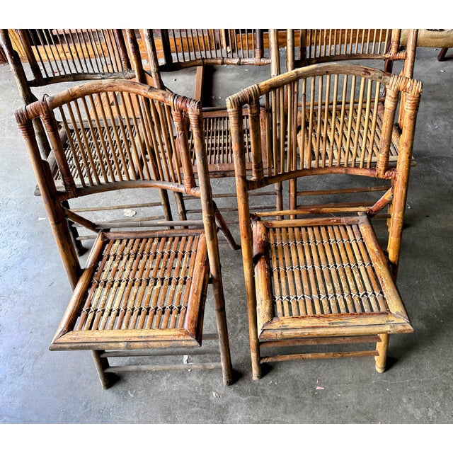 Vintage Scorched Bamboo and Rattan Folding Chairs, Set of 5 For Sale - Image 12 of 12