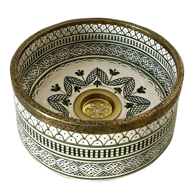 Small Green Sink for Bathroom, Rustic Ceramic Basin, Round Washbasin With Brass Drain For Sale