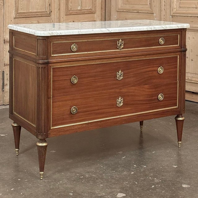 Antique French Louis XVI Mahogany Secretary ~ Commode With Carrara Marble For Sale - Image 4 of 15