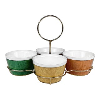 Mid-Century Boho Insulated Wicker Acrylic Serving Bowls W/ Caddy - Set of 4 For Sale