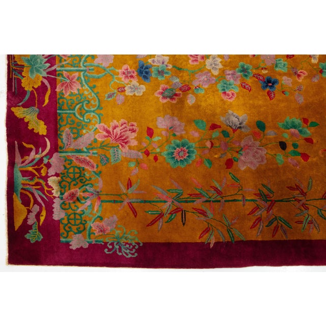 Textile Antique Designed Art Deco Chinese Wool Rug Handmade in Goldenrod Color For Sale - Image 7 of 10