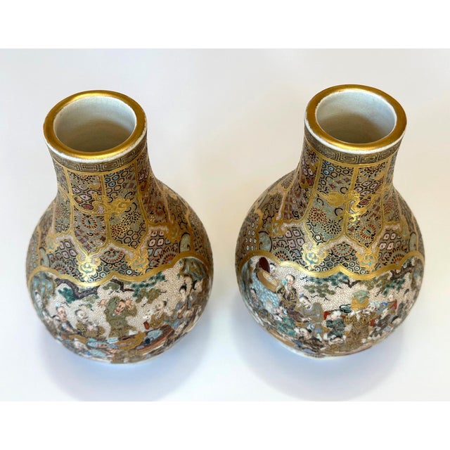 Pair of Fine Miniature Satsuma Vase with Moriage Enamel Decoration by Seikozan For Sale In Atlanta - Image 6 of 12