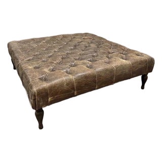 Vintage Berkshire Square Leather Ottoman Restoration Hardware For Sale