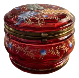 Late 19th Century Antique Cranberry Glass Dresser/Trinket Box With Hand Painted Enamel Details Signed