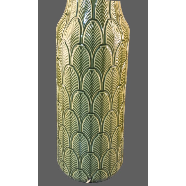 Ceramic Pair of Ceramic Table Lamps Banana Leaf Pattern Tropical Green Color For Sale - Image 7 of 10