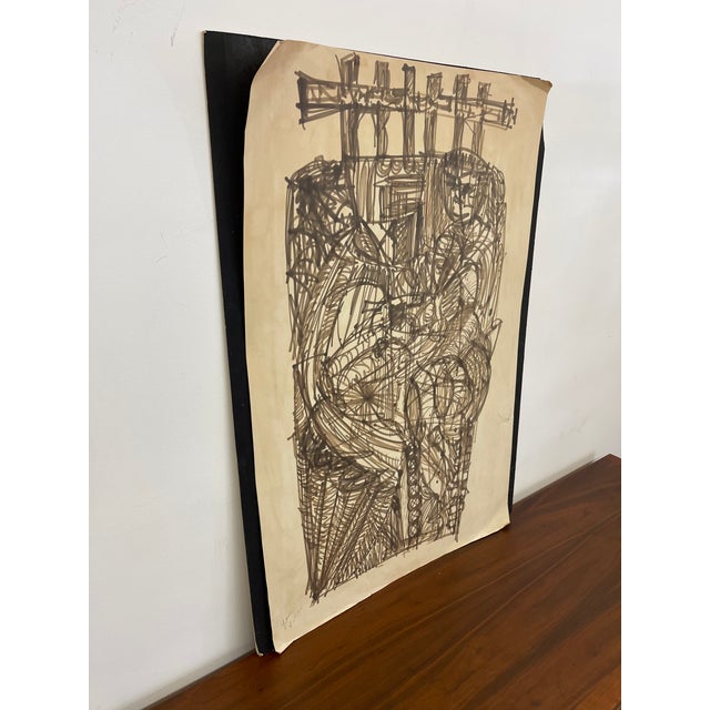 Original vintage abstract figurative drawing executed in dark ink on paper, featuring an expressive, gestural...