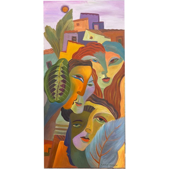 Three figures in profile, warm-toned and serene, emerge from a setting where tropical foliage and village architecture...