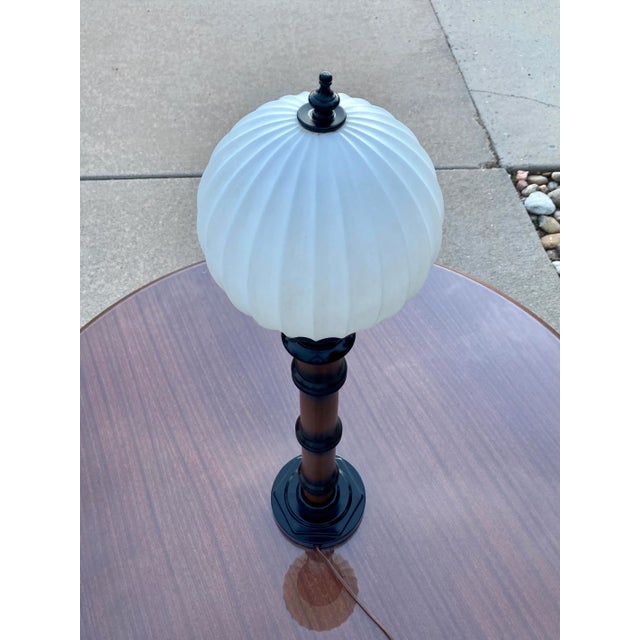Asian Modern Table Lamp With Milk Glass Globe Style Diffuser in Faux Bamboo For Sale - Image 9 of 13
