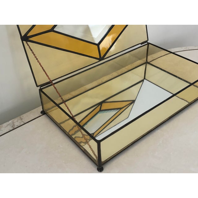 1980s Vintage Art Deco Leaded Glass Footed Box With Mirrored Interior For Sale - Image 5 of 10
