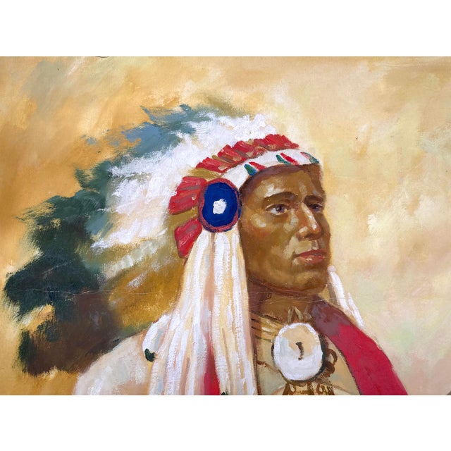 Brown Large Vintage Original Apache Native Indian Chief Oil Painting Portrait / Canvas For Sale - Image 8 of 12