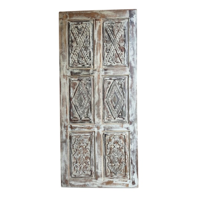 Distressed Hand-Carved Wooden Barn Door With Metal Studs – Vintage Sliding Door Panel 84x36 For Sale