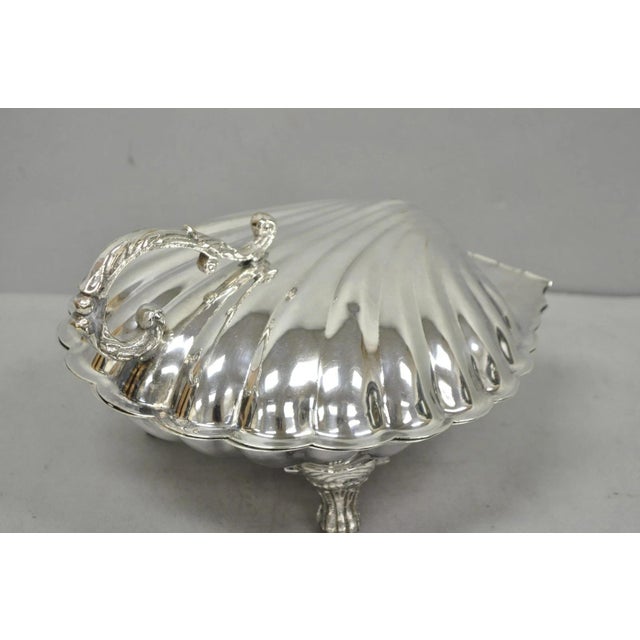 Mid 20th Century Vintage Regency Style Silver Plated Clam Shell Hinged Warmer With Floral Handle For Sale - Image 5 of 16