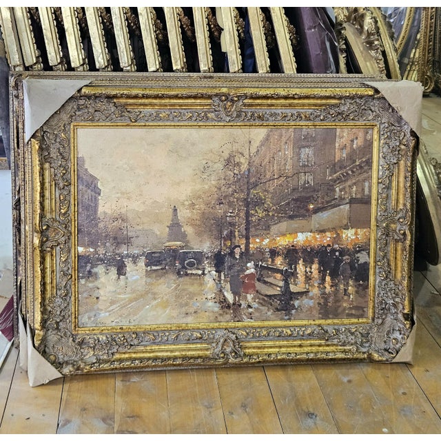 Capture the romance and atmosphere of a bustling European city with this evocative cityscape painting. The composition...