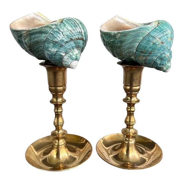 Pair of Vintage Solid Brass Candlesticks With Turbo Shell Topper Sculptures For Sale
