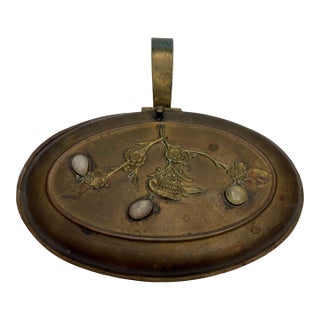 Vintage Chinese Mixed Metals Brass Silent Butler Crumb Box – Inlaid Jade Cabochons & Etched Bird on Branch For Sale