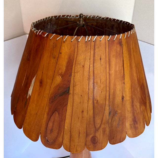 Rustic Folk Art Cypress Knee Table Lamp With Sculpted Wood Slat Shade For Sale - Image 4 of 12