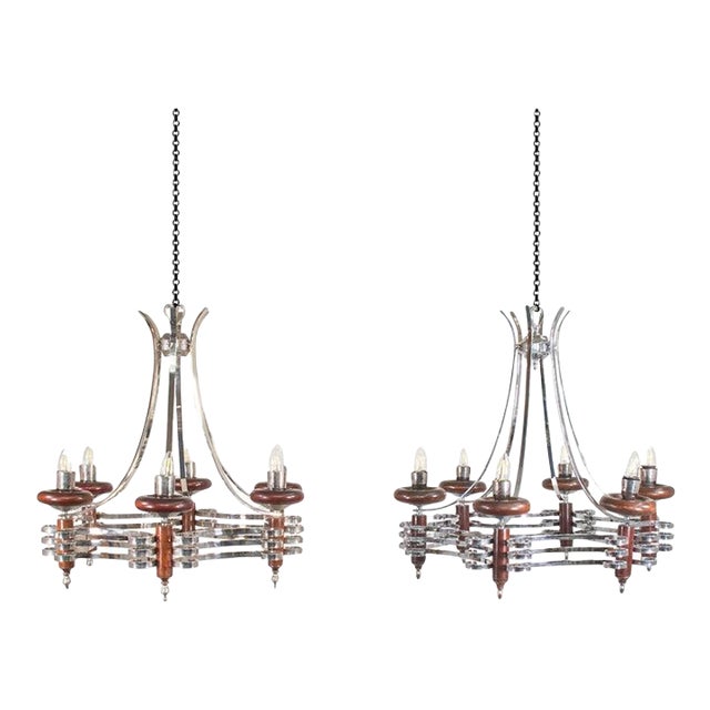 Pair of Mid-Century Italian Chrome and Wood Chandeliers For Sale