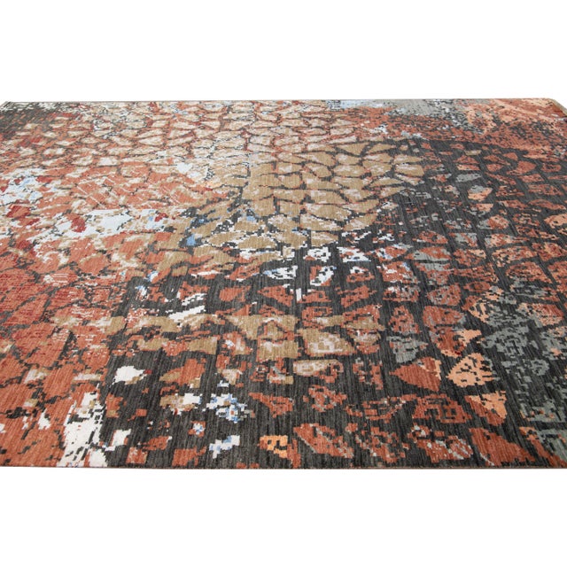 Modern Orange and Gray Handmade Geometric Abstract Wool and Silk Rug For Sale In New York - Image 6 of 10