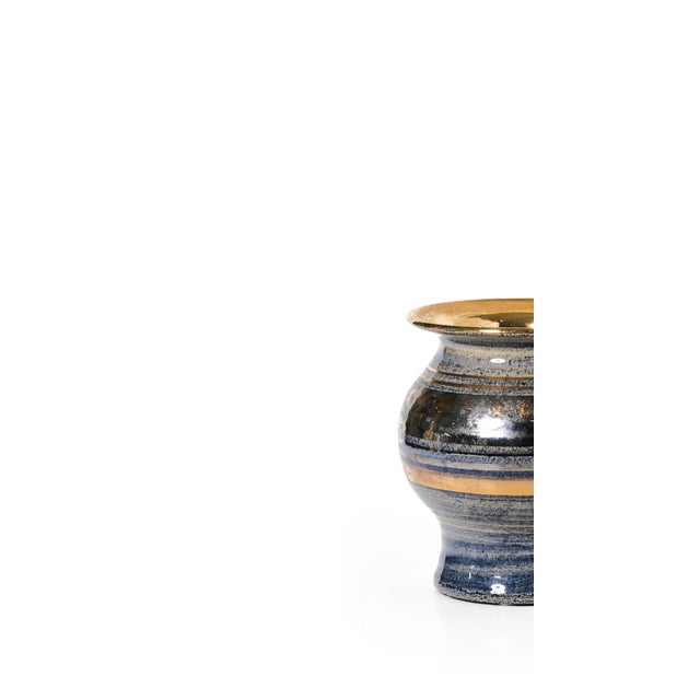 French decorative vase by ceramicist Georges Pelletier (circa 1970s). Handmade, gleaming, enameled ceramic in blues and...