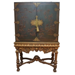Hunter Green Vintage Chinoiserie Cabinet With Rais For Sale