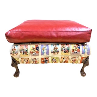 19th Century Ball and Claw Foot Ottoman With Day of the Dead Loteria Fabric and Red Leather Upholstery For Sale