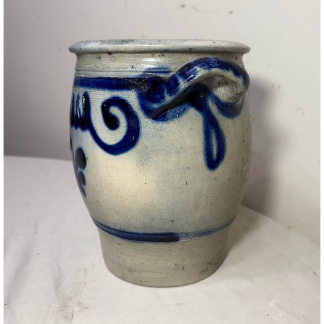 American Antique 19th Century Handmade Stoneware Crock Pottery Jug With Handle 2 Gallon For Sale - Image 3 of 10
