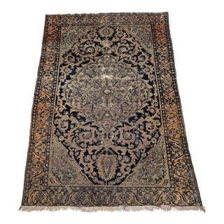 19th Century Antique Persian Farahan Area Rug in Navy & Ivory For Sale