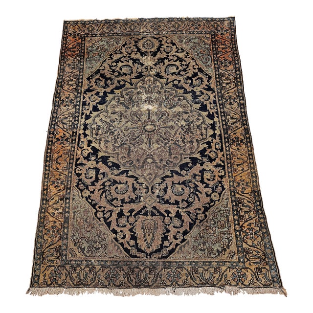 19th Century Antique Persian Farahan Area Rug in Navy & Ivory For Sale