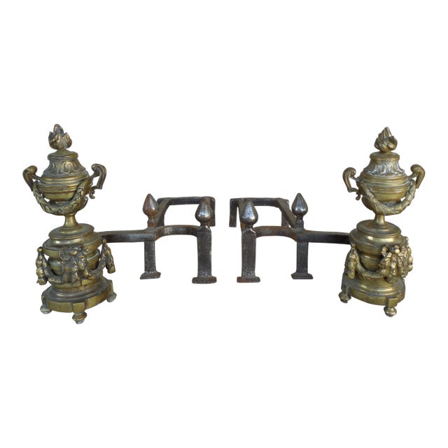 Antique Brass Urn & Flame Andirons - A Pair For Sale