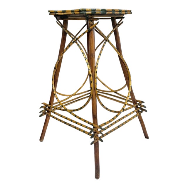 Rustic Adirondack Twig Side Table With Hand-Painted Green Accents – Folk Art Cabin Style For Sale