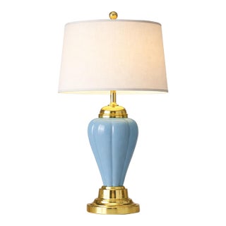 Vintage Blue Ceramic Table Lamp — Fluted Ginger Jar Form, Brass Base, Linen Shade (27” H) For Sale