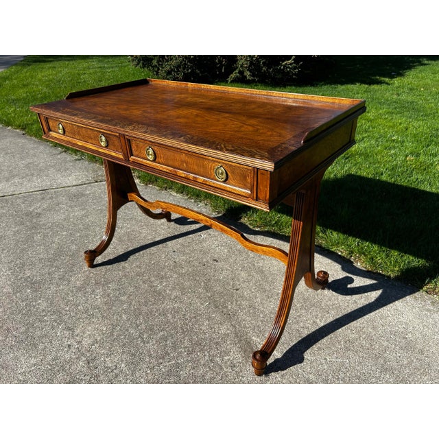 Baker Furniture Company Vintage Mounted Walnut Writing Desk Attributed to Baker Furniture - Original Brass Accents For Sale - Image 4 of 11