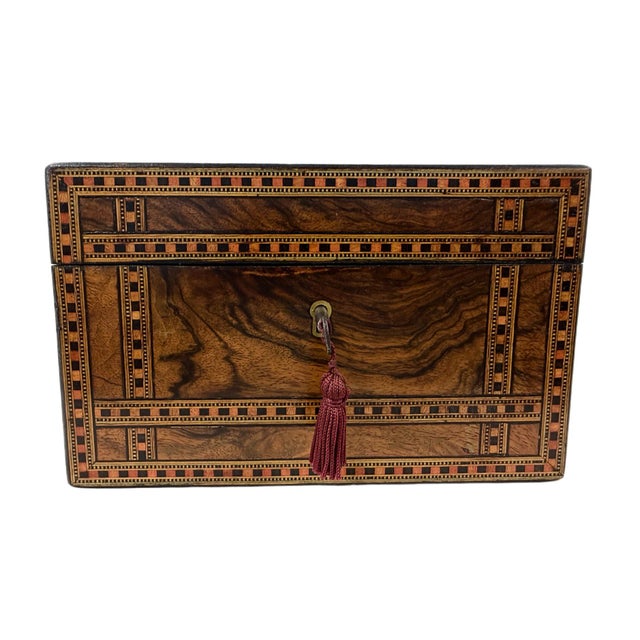 19th Century Victorian English Burl Walnut Tea Caddy With Tunbridge Ware Inlay For Sale - Image 4 of 10