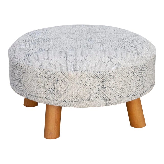 White & Blue Tribal Dhurrie Ottoman Stool For Sale