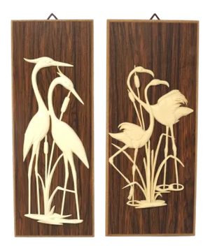 Vintage Flamingos and Cranes Wood Grain Wall Plaques