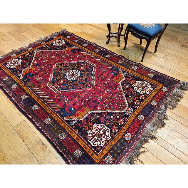 Persian Vintage Persian Qashqai Tribal Area Rug, Hand-Knotted Wool, Vegetable Dye, Geometric Medallions, 6x8, Red & Navy For Sale - Image 3 of 15