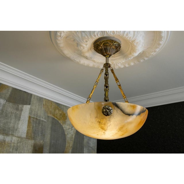 Brown French Art Deco Cream Alabaster and Brass Pendant Light, 1920s For Sale - Image 8 of 18