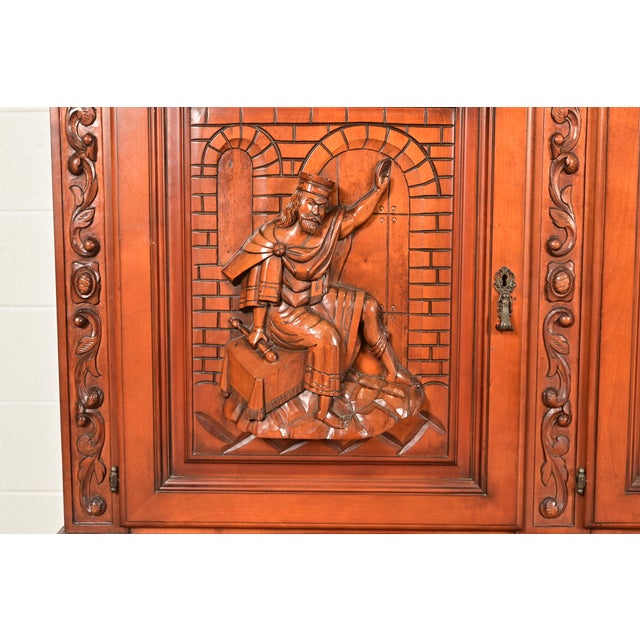 Antique Spanish Renaissance Revival Monumental Ornate Carved Walnut Sideboard or Bar Cabinet For Sale - Image 9 of 15