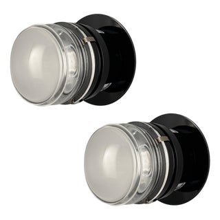 Pair of Joe Colombo Black 'Fresnel' Glass and Metal Indoor/Outdoor Wall Lamps for Oluce For Sale