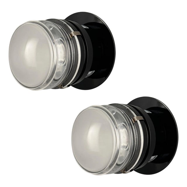 Pair of Joe Colombo Black 'Fresnel' Glass and Metal Indoor/Outdoor Wall Lamps for Oluce For Sale