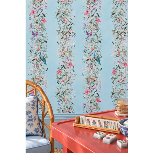 Chinoiserie Mahjong Floral Stripe Grasscloth Wallpaper by House Party | Bam Blue | 8 Yards For Sale - Image 3 of 11