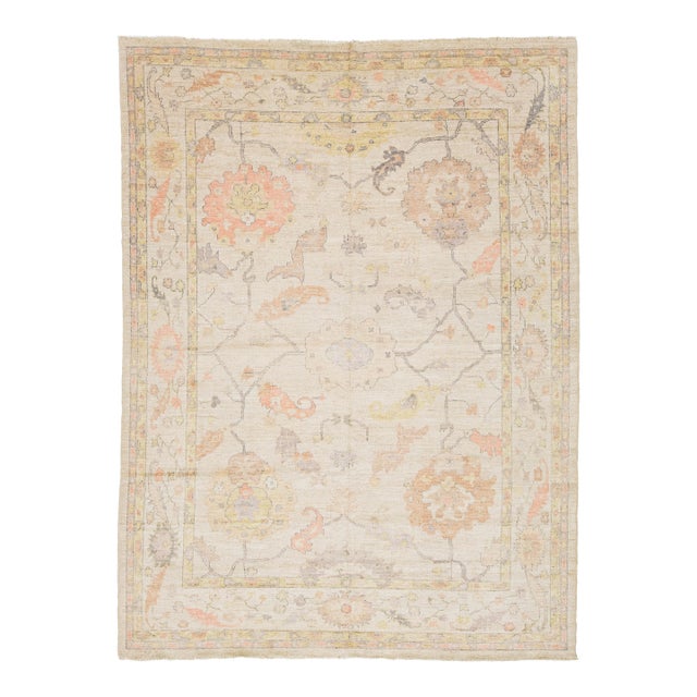 Modern Oushak Style Hand-Knotted Wool Rug - Pastel Floral Transitional Area Rug For Sale
