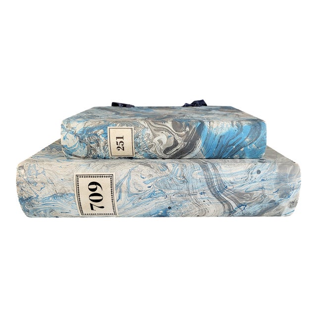 Late 20th Century Hand Painted Marble Decorative Book Boxes - A Pair For Sale