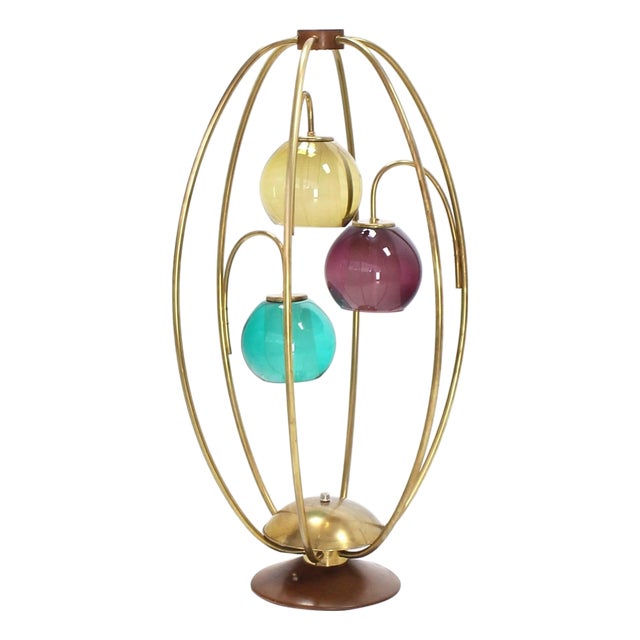 Oval "Bird Cage" Brass Table Lamp Purple Blue Yellow Glass Globe Shades MINT! For Sale